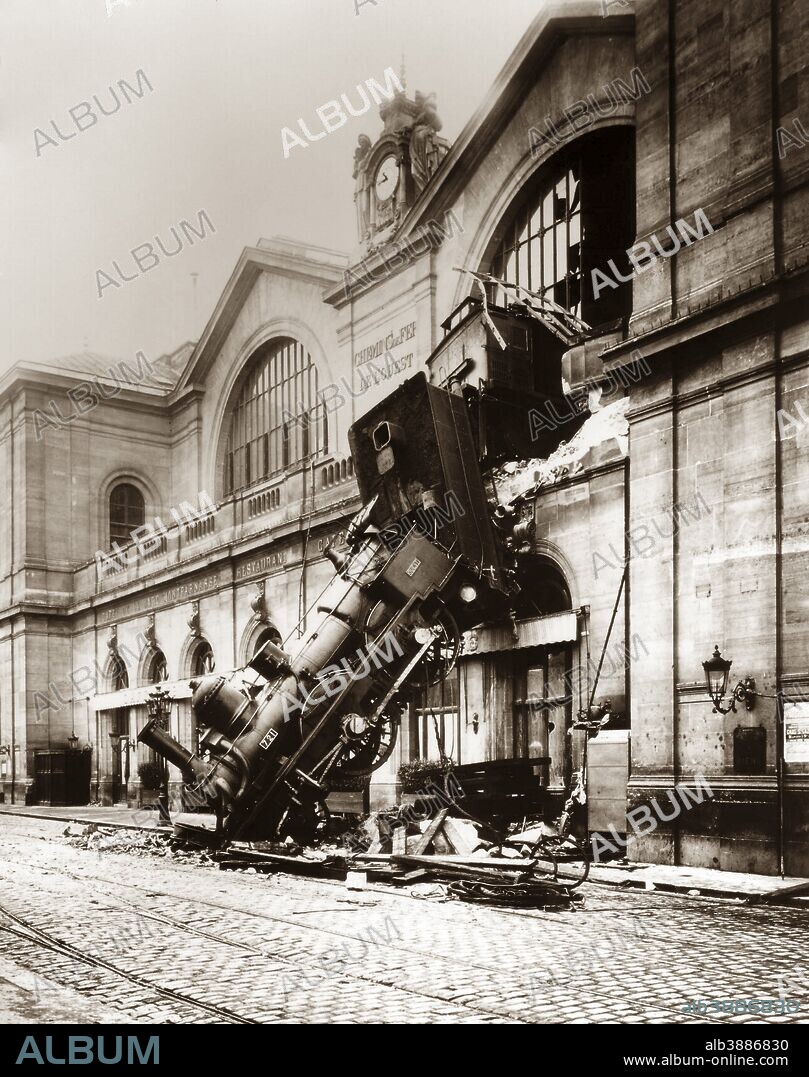 October 22, 1895 - Vintage photo of a locomotive derailment at Montparnasse Station, Paris, France.