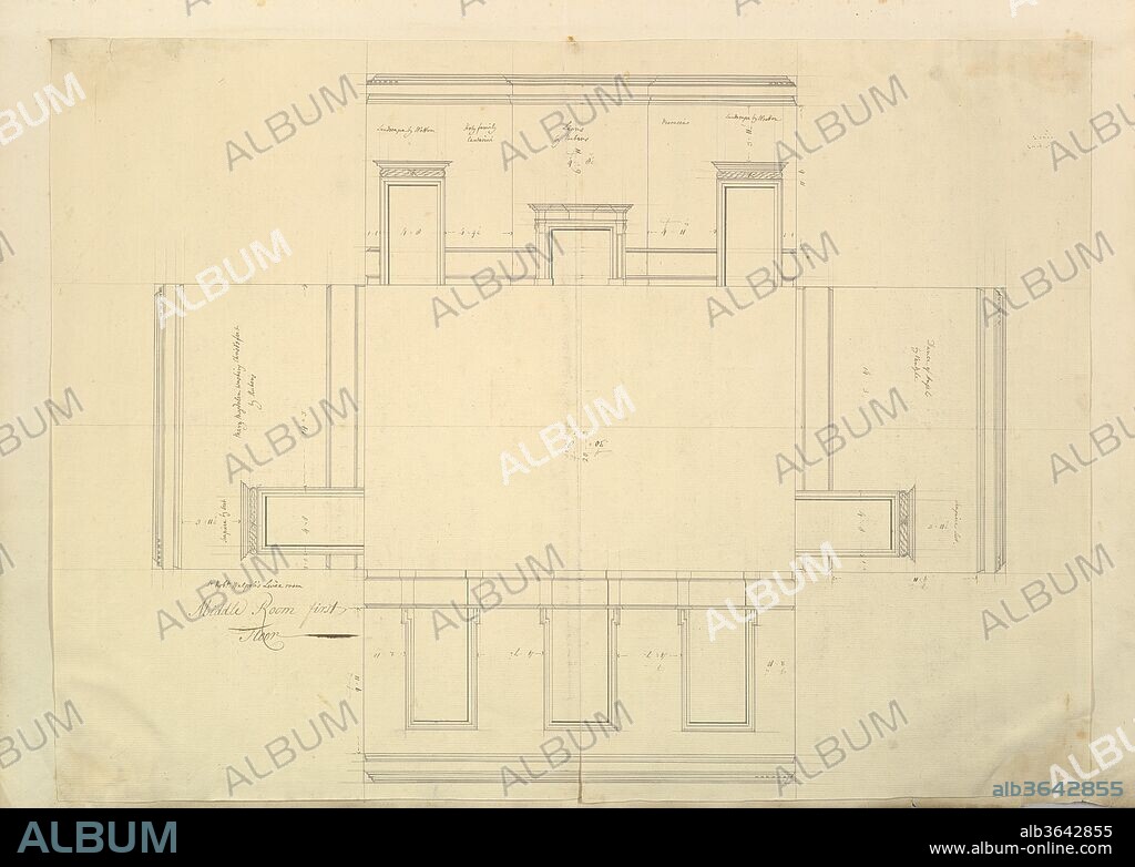 Treasury House, 10 Downing Street, London: Plan of the Great Middle Room (Sir Robert Walpole's Levee Room, Northwest Corner, First Floor). Architect: Isaac Ware (British, before 1704-1766 Hampstead). Artist and architect: William Kent (British, Bridlington, Yorkshire ca. 1685-1748 London). Dimensions: sheet: 19 x 25 13/16 in. (48.3 x 65.5 cm). Date: ca. 1732-42.