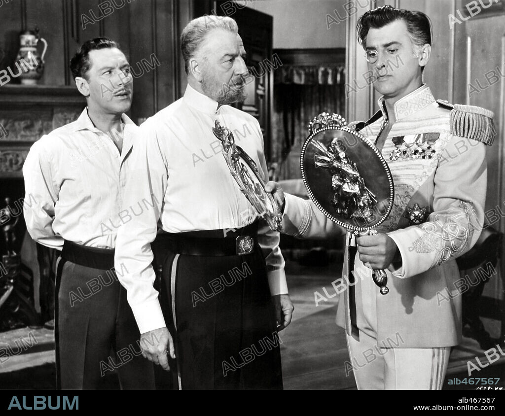 LOUIS CALHERN, ROBERT COOTE and STEWART GRANGER in THE PRISONER OF ZENDA, 1952, directed by RICHARD THORPE. Copyright M.G.M.