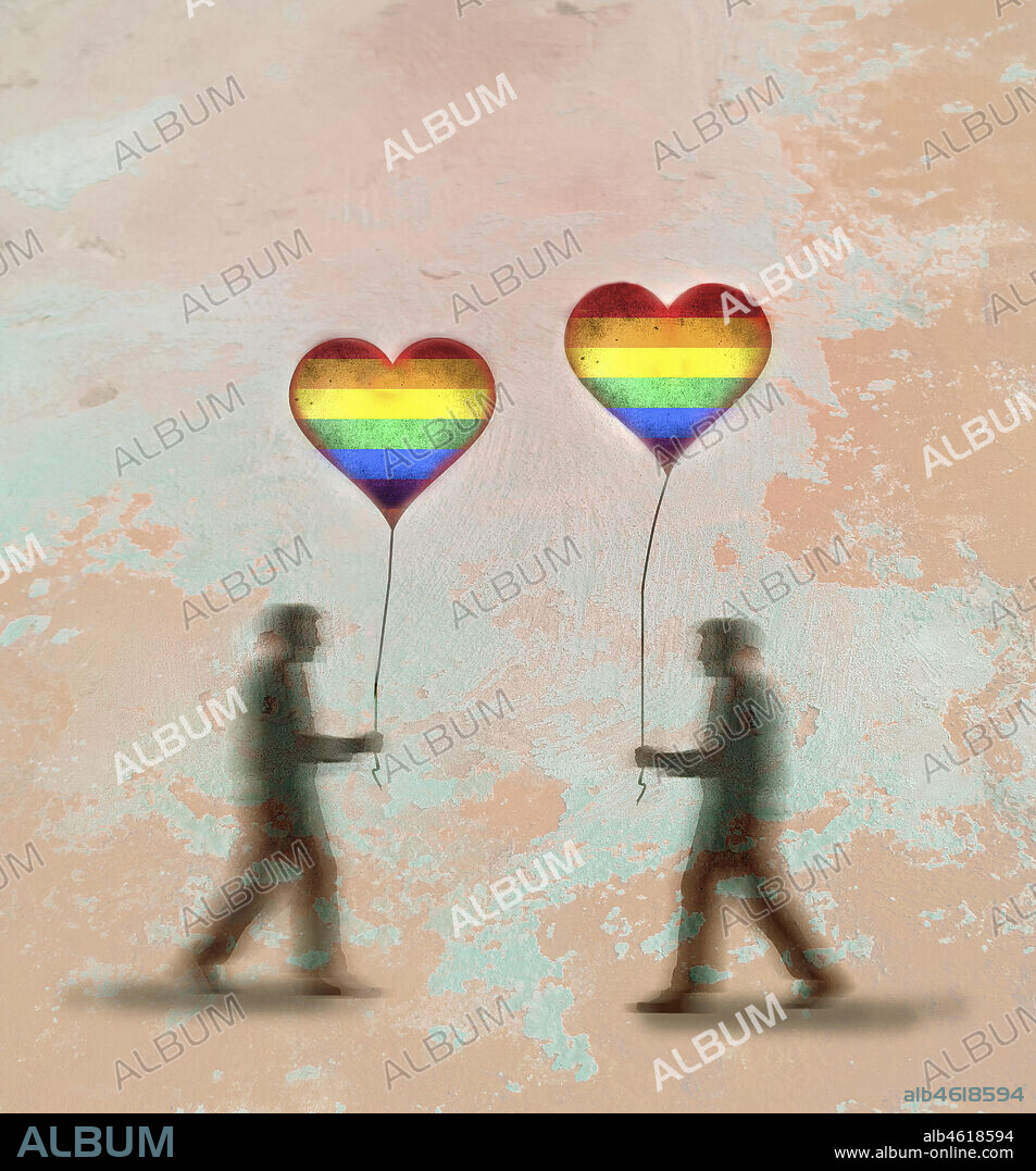 Gay men with heart shaped rainbow balloons walking towards each other.