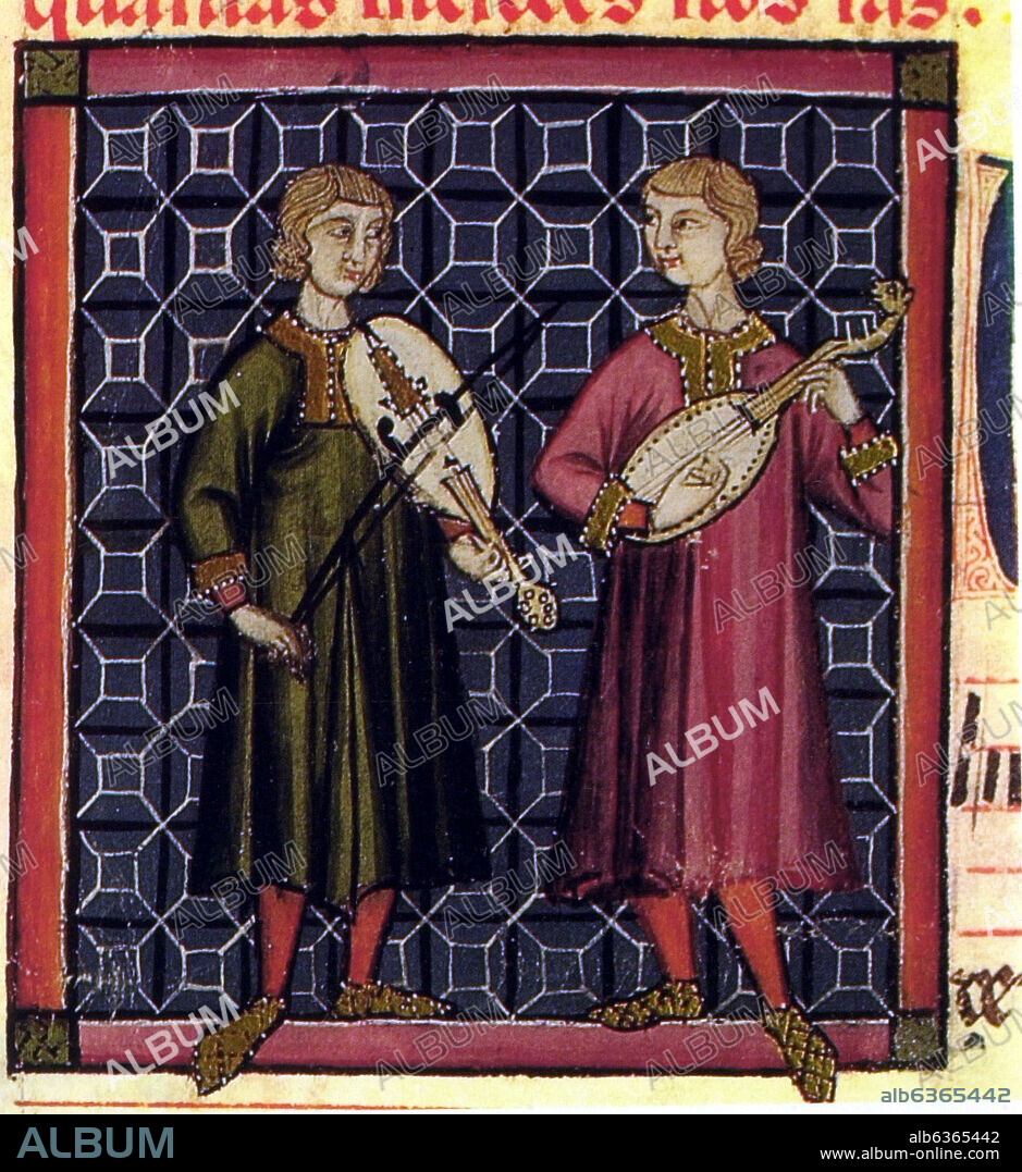 ALFONSO X DE CASTILLA EL SABIO. M.B.I.2-CANTIGA DE STA MARIA Nº 20-F46V-CODICE DE LOS MUSICOS-VIHUELA DE ARCO Y LAUD CORTO ALARGAD.