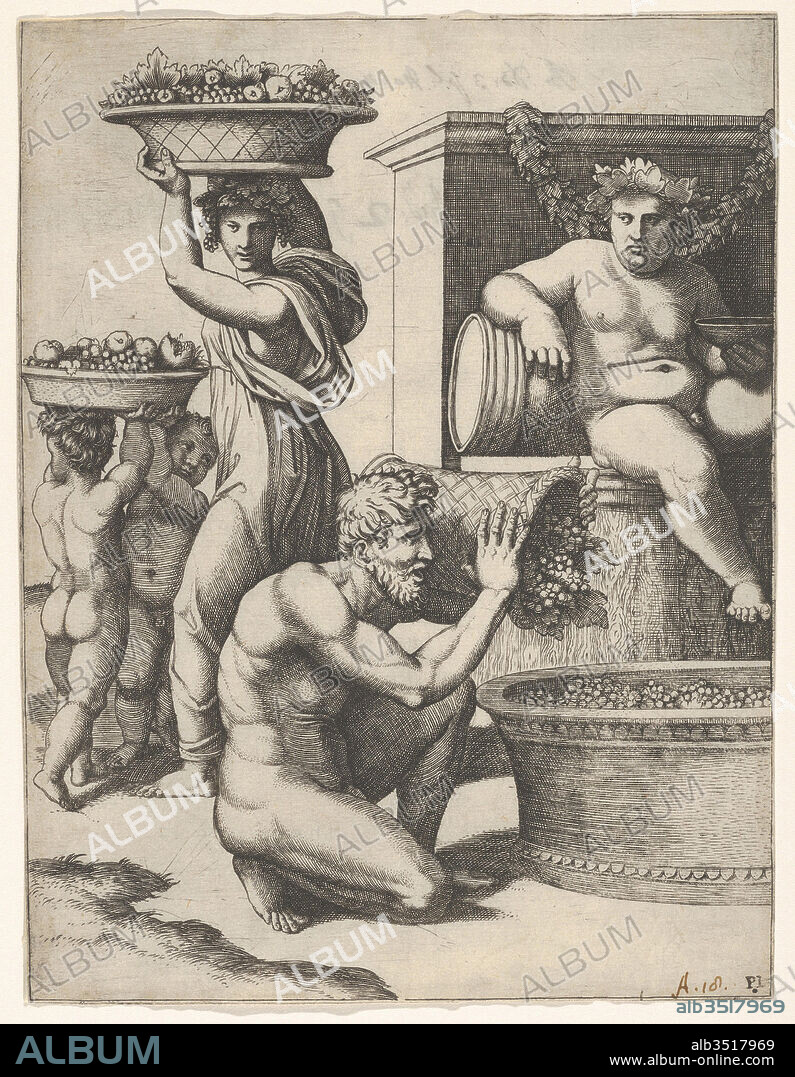 The Vintage; a man pouring grapes from a basket into a vat, above Bacchus sitting, other figures at left, ca. 1517–20, Engraving, Sheet: 7 1/2 × 5 11/16 in. (19 × 14.5 cm), Prints, Marcantonio Raimondi (Italian, Argini (?) ca. 1480–before 1534 Bologna (?)), After Raphael (Raffaello Sanzio or Santi) (Italian, Urbino 1483–1520 Rome), or Giovanni Francesco Penni (Italian, Florence ca. 1496–after 1528 Naples).