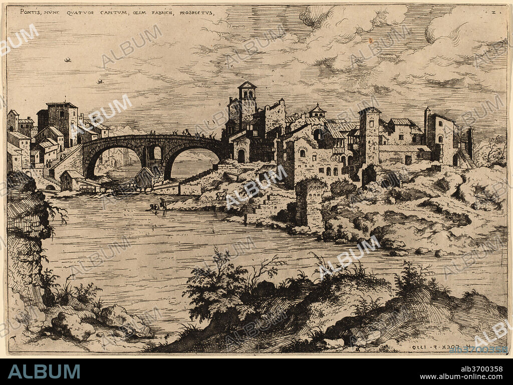 HIERONYMUS COCK. View of the Ponte Quattro Capi and the Island of the Tiber. Dated: 1550. Dimensions: sheet (trimmed to plate mark): 22.9 x 32.6 cm (9 x 12 13/16 in.). Medium: etching on laid paper.