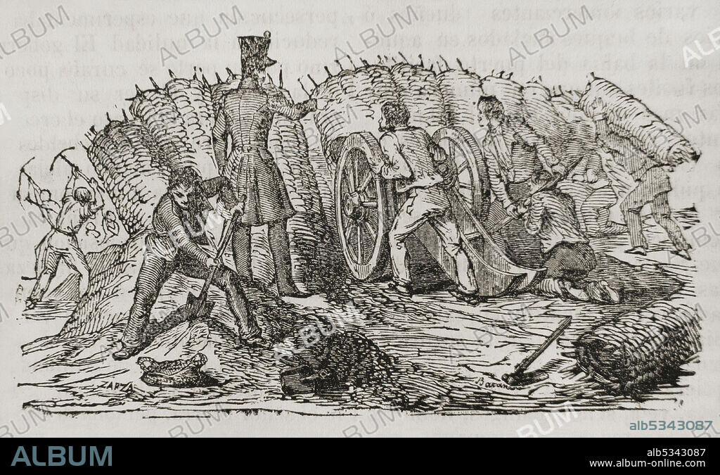 España. Primera Guerra Carlista (1833-1840). Guerra civil que enfrentó a carlistas, partidarios del infante Carlos María Isidro de Borbón, contra los isabelinos, defensores de Isabel II y la regente María Cristina de Borbón. La acción de Vargas (3 de noviembre de 1833). Los vecinos de la ciudad de Santander, a favor del bando isabelino, se enfrentaron y derrotaron a las tropas carlistas que intentaban tomar la ciudad. Fortificación de Santander. Grabado. Panorama Español, Crónica contemporánea. Tomo I. Madrid, 1842.