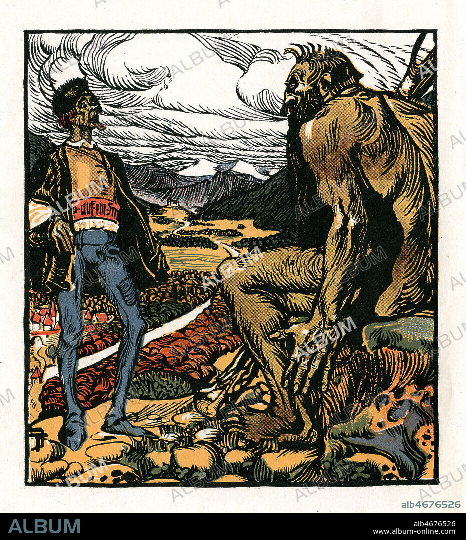 Le Vaillant petit Tailleur, rencontre avec le geant. Conte de GRIMM. Lithographie allemande , 1902, in Bruder Grimm Marchen, gravure sur bois de Ignatius Taschner (1871-1913). Credit Collection Kharbine Tapabor.