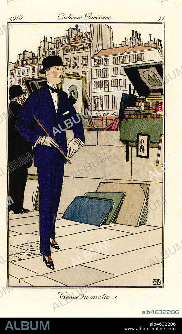 Man in suit, bowler hat and cane walking past bouquinistes on the Seine. Tenue du matin. Handcoloured pochoir (stencil) etching after an illustration by Bernard Boutet de Monvel from Tommaso Antonginis Journal des Dames et des Modes, Aux Bureaux du Journal des Dames, Paris, 1913.