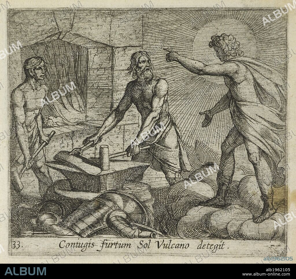 OVID (PUBLIUS OVIDIUS NASO). Apollo at Vulcan's Forge. Metamorphoseon sive Transformationum Ovidianarum libri quindecim, Ã¦neis formis ab A. Tempesta incisi, etc. Antwerp, 1606. Source: 11355.a.12, plate 33. Language: Latin.