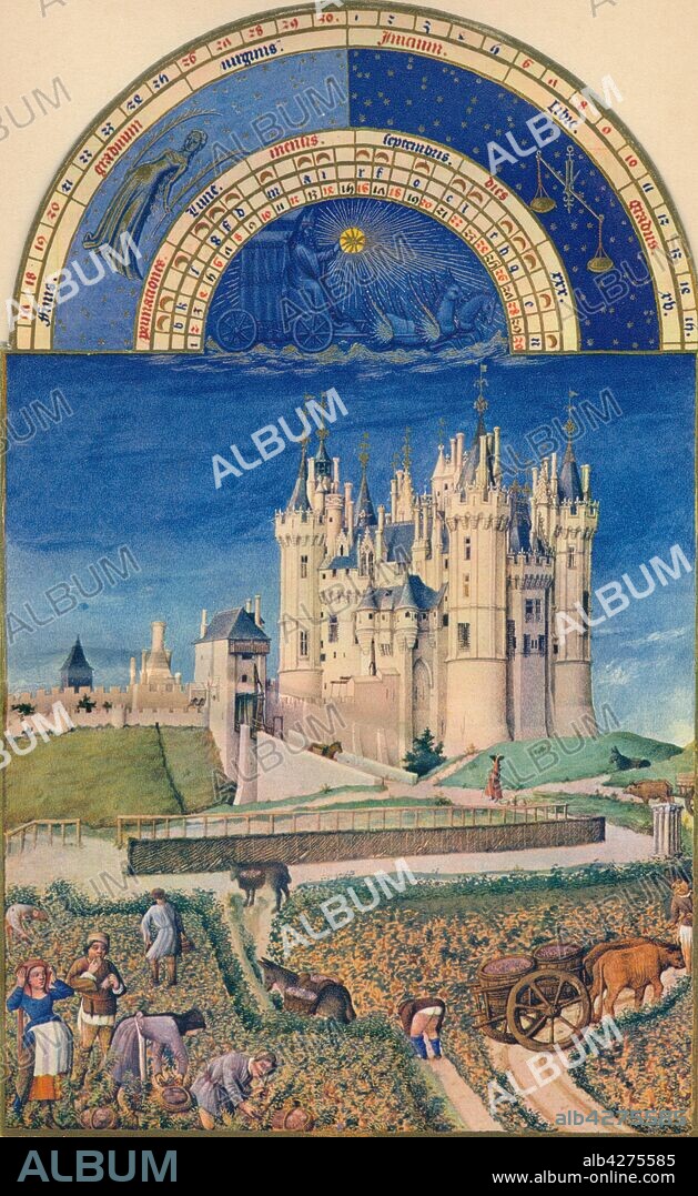 JEAN COLOMBE y PAUL LIMBOURG. September - the Château de Saumur, 15th century, (1939). 'Septembre - the Chateau de Saumur'. Grape harvest in the vineyards: people gather grapes in baskets, donkeys carry them in panniers, and a cart pulled by oxen takes the fruit to be pressed into wine. In the background is the chateau at Saumur in the Loire region of western France which still produces some of the best wines in the country. A page from the "Très Riches Heures du Duc de Berry", a book of hours produced for Jean, Duc de Berry and commissioned from the Limbourg brothers. Made between c1412 and 1489, and regarded as one of the finest examples of European manuscript illumination, it is held at the Musee Condé, Chantilly, France. Published in "Verve - No. 7, Vol. II". [Verve, France, 1939].