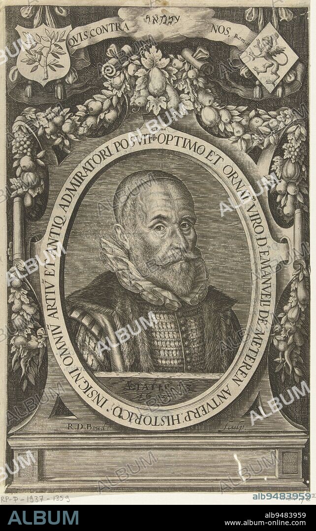Portrait of Emanuel van Meteren, merchant in London and historian in Antwerp, at the age of 73. Bust to the right, in ornamental frame with edge lettering, decorated with garlands. Page from a book, on the verso a poem on Van Meteren, Portrait of Emanuel van Meteren., print maker: Robert de Baudous, (mentioned on object), Amsterdam, 1607, paper, engraving, letterpress printing, h 268 mm × w 170 mm.