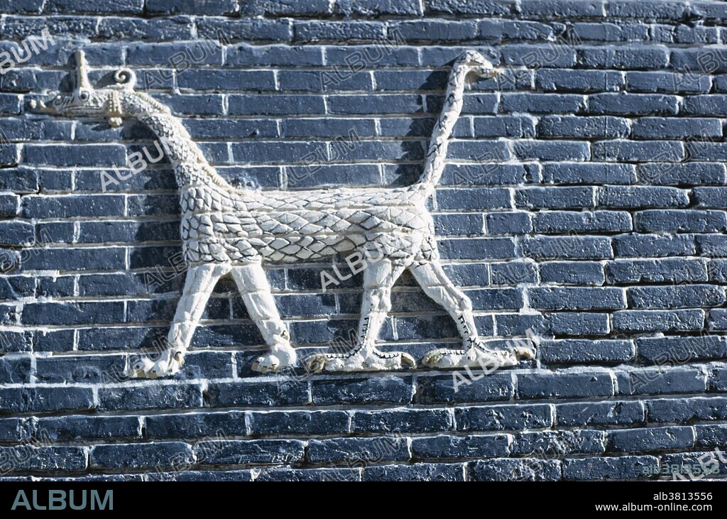 Detail of the Ishtar Gate at Babylon (c. 575 BC) showing a bas-relief in blue glazed tiles of a sirrush, a mythical creature similar to the griffin.
