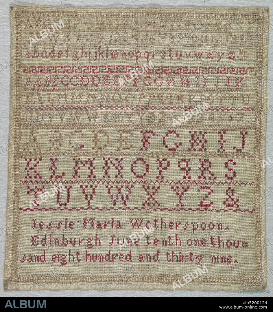 Sampler, Jessica Maria Wotherspoon, Scottish, Medium: silk embroidery on cotton foundation Technique: embroidered in cross, back, eyelet, and cross over cross stitches on plain weave foundation, Alphabets and numerals in bands of red and brown followed by 'Jessie Maria Wotherspoon. Edinburgh June tenth one thousand eight hundred and thirty nine.', Edinburgh, Scotland, 1839, embroidery & stitching, Sampler.