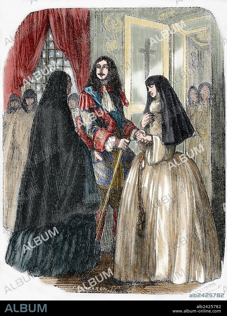 LUIS XIV, el REY SOL (1638-1715). Rey de Francia (1643-1715), primogénito de Luis XIII. Luis XIV con su amante Luisa de La Valliere (1644-1710). Grabado coloreado.
