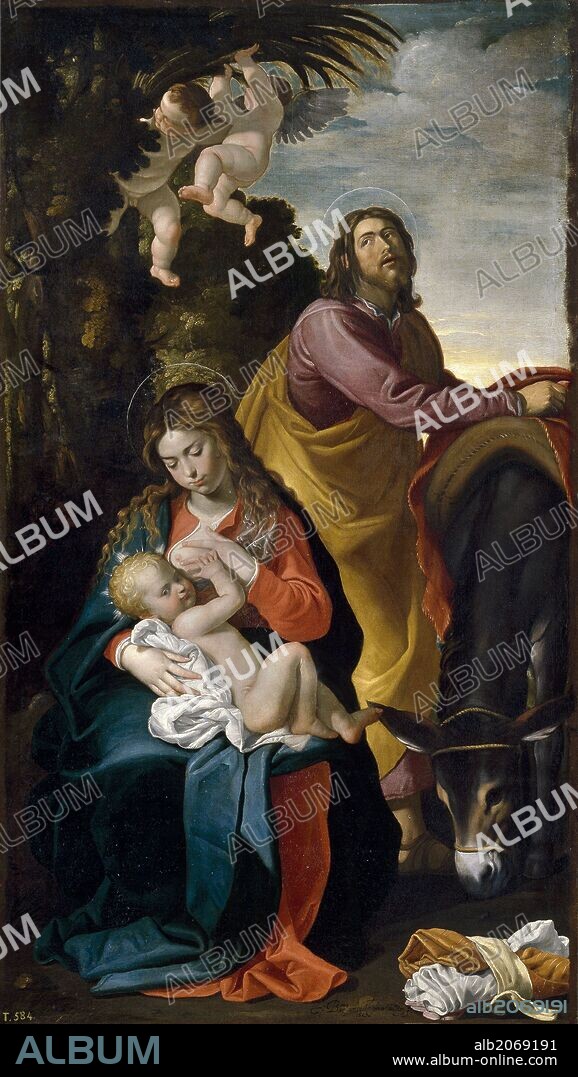 BARTOLOME GONZALEZ. Bartolomé González / 'Descanso en la Huida a Egipto', 1627, Escuela Española, Óleo sobre Lienzo, 155 cm x 88 cm, P00718.