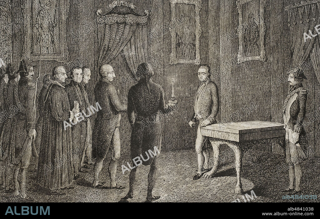 Complot de El Escorial,1807. Conspiración fallida liderada por el príncipe de Asturias Fernando de Borbón, para provocar la caida de Manuel Godoy y poner bajo control a la reina María Luisa de Parma. Se descubrió el 27 de octubre en 1807. Carlos IV el 28 de octubre ordenó el arresto de su hijo, quedando confinado en su cuarto bajo vigilancia de Guardias de Corps. Arresto del Príncipe de Asturias. Historia del Levantamiento, Guerra y Revolución de España, por el Conde de Toreno. Madrid,1851.