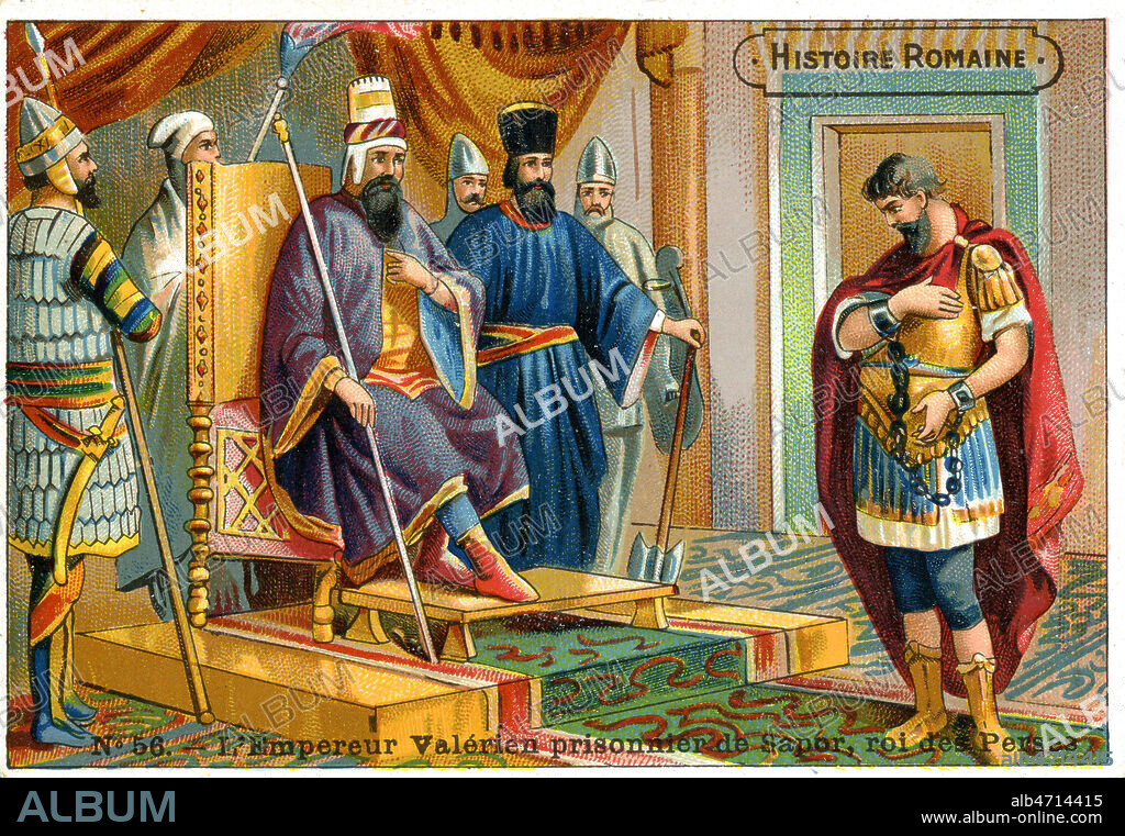 L'Empereur romain VALERIEN (193-260) prisonnier de SAPOR 1er (241-272), roi des Perses (en 259). Illustration anonyme vers 1890 pour un chromo publicitaire de la serie Histoire romaine. Credit : Coll. Jonas/KHARBINE-TAPABOR.