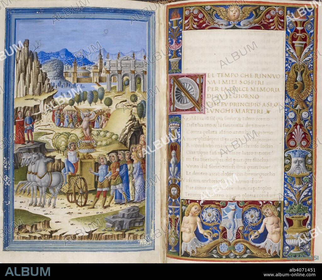 FRANCESCO PETRARCA PETRARCH. The Triumph of Love; a blindfolded boy in a chariot leads a procession of all those he has enslaved; one of Love's victims detaches himself from the procession and explains to Petrarch all that they see before them. Poem of 'Trionfo d'Amore', beginning with decorated initial 'N'; borders with all'antica decoration, and, at the foot, two half-figures supporting the shield of the Romei family of Ferrara. Poems of Petrarch. N. Italy; late 15th century. Source: Add. 38125, ff.33v-34. Language: Italian.