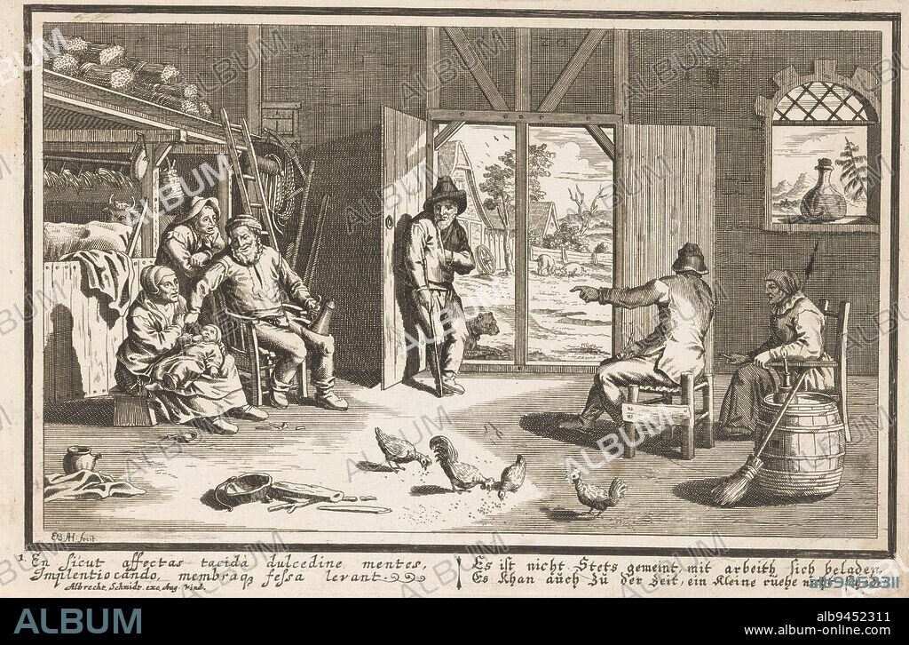 With caption in Latin and German, Interior of a farmhouse, print maker: Elias Baeck, (mentioned on object), publisher: Albrecht Schmidt, (mentioned on object), print maker: Germany, publisher: Augsburg, 1694 - 1744, paper, etching, h 192 mm × w 290 mm.