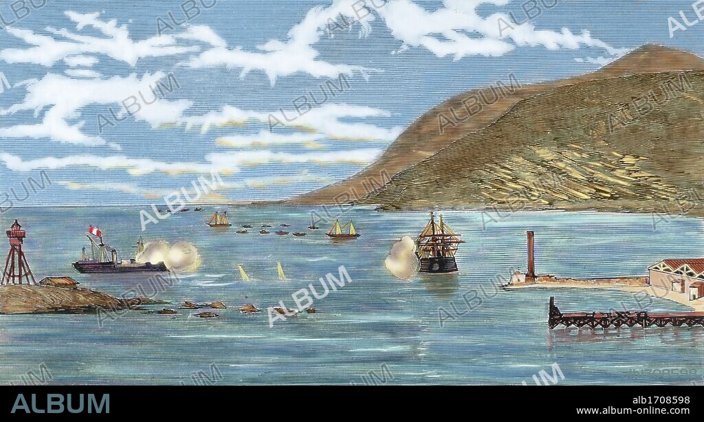 The Pacific War. Battle of Iquique. The Chilean corvette "Esmeralda" is sunk by the Peruvian ironclad "Huascar" on May 21, 1879. Colored engraving.