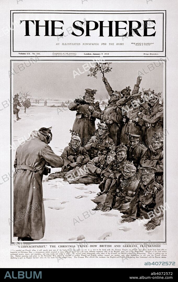 Christmas truce. The Sphere. London, January 9, 1915. Weihnachtszeit, the Christmas truce- how British and Germans fraternised'. Report on how British and German soldiers declared a trucewhile celebrating Christmas.  Image taken from The Sphere.  Originally published/produced in London, January 9, 1915. . Source: Colindale, volume LX, no.781. Language: English.