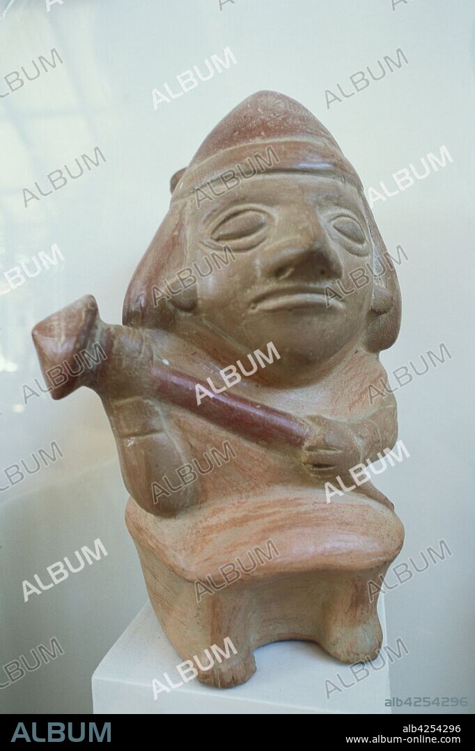 Pottery vessel belonging to the Mochica Culture, Sipan period, despicting warrior holding maze. Sican-Lambayeque Culture Ceremonial and Administrative Center (1000-1370 AC) later annexed to the Chimu (1370-1470) and then after the Inca (1470-1532)Prehispanoc cultures.