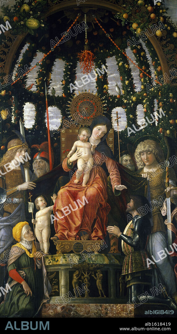 Virgin and Child Surrounded by six saints and Gianfrancesco II Gonzaga,  or Madonna of Victory by Andrea Mantegna,  oil on canvas,  1495,  (1431-1506),  France,  Paris,  Musee du Louvre.