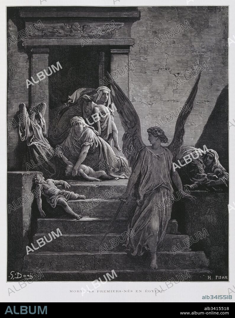 The Angel of death heralds the death of the First born children in Egypt, one of the plagues visited upon Egypt for refusing to free the Jewish people, Illustration from the Dore Bible 1866. In 1866, the French artist and illustrator Gustave Doré (1832–1883), published a series of 241 wood engravings for a new deluxe edition of the 1843 French translation of the Vulgate Bible, popularly known as the Bible de Tours. This new edition was known as La Grande Bible de Tours and its illustrations were immensely successful..