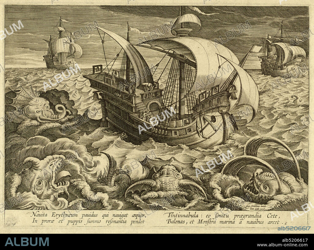 Three ships surrounded by monsters, Jan van der Straet, called Stradanus, Flemish, 15231605, Joannes Galle, Flemish, 1600 1676, Engraving on paper, Horizontal rectangle. Second state. At center, a ship surrounded by sea monsters; on its decks are men and many bells. In the background are two similar ships. In a choppy sea. Near right bottom corner: 'Joan. Stradanus invent. / Joan. Galle. excud.' Bottom margin: 'Nauita Erythraeum panidus qui navigat aequor / In prorae et puppis summo resonantia pendet / Tintinabula: eo sonitu praegrandia late, Balenas et Monstra marina à navibus arcet.' '6.', Netherlands, ca. 1590, seascapes, Print, Print.