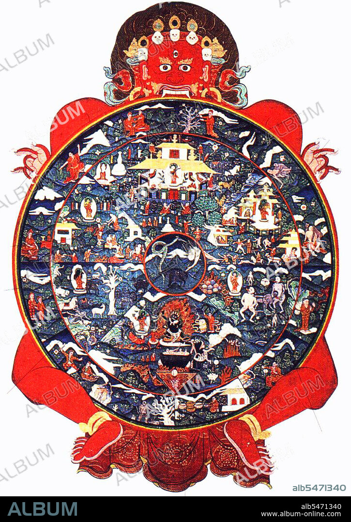 The Bhavacakra or 'Wheel of Becoming' is a symbolic representation of continuous existence in the form of a circle, used primarily in Tibetan Buddhism.
