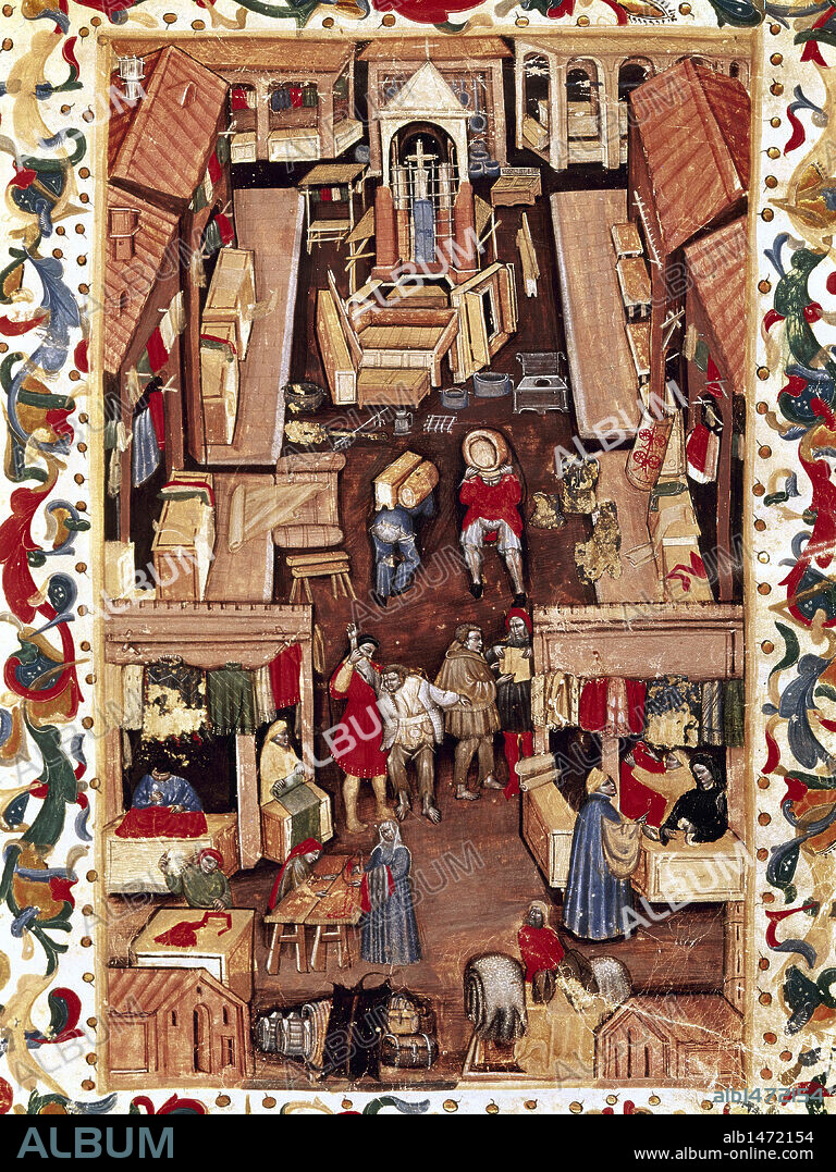 Market in the Gate of Ravenna in Bologna. Street traders. Frontispiece of codex "Marticola dei Mercanti", 1470. Museo Civico. Bologna. Italy.