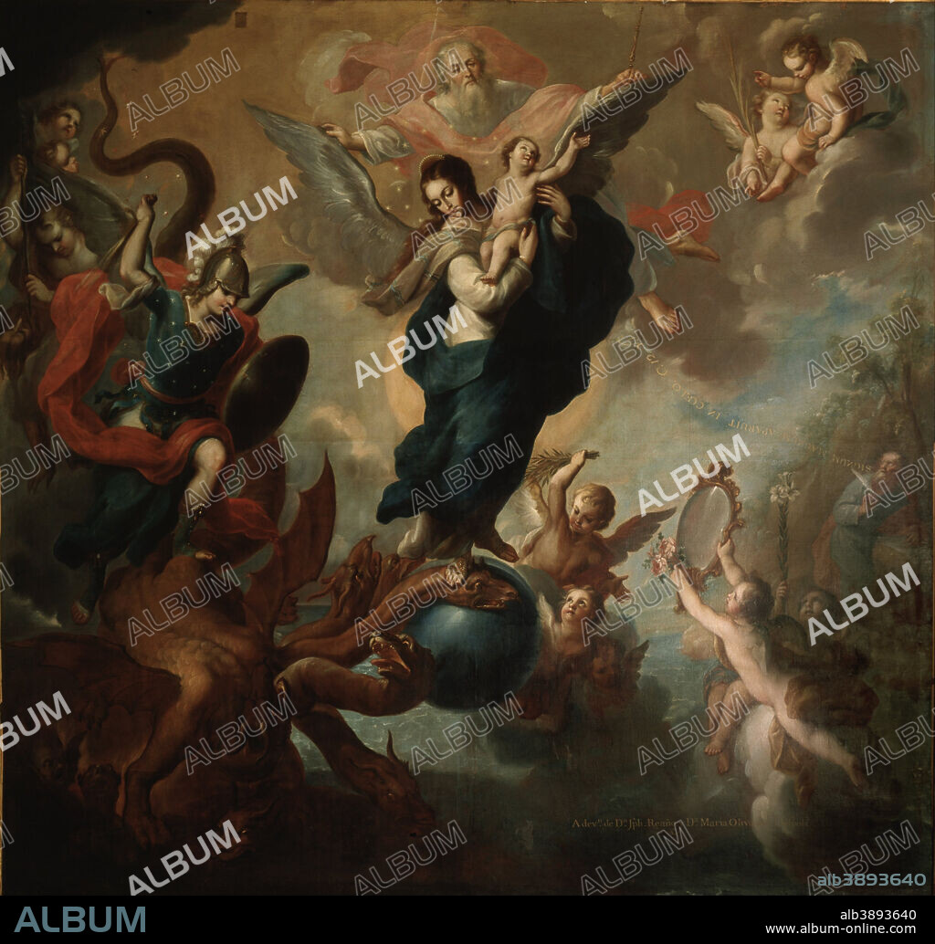 MIGUEL CABRERA. La virgen del Apocalipsis The Virgin of the Apocalypse. Date/Period: 1760. Painting. Oil on canvas. Height: 3,400 mm (11.15 ft); Width: 3,527 mm (11.57 ft).