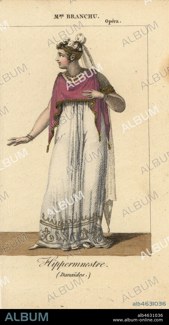 French soprano opera singer Mme. Alexandrine-Caroline Branchu 1780-1850 as Hippermnestre in Les Danaides by Antonio Salieri at the Opera de Paris, 1817. Handcoloured copperplate engraving from Charles Malo's Almanach des Spectacles par K. Y. Z, Chez Louis Janet, Paris, 1819.