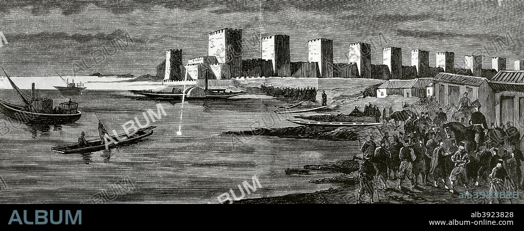 The Eastern Question. Serbian-Turkish Wars (1876-1878). Serbia declared war on the Ottoman Empire on June 30, 1876. Smederevo. View of the fortress on the banks of the Danube river. It was built between 1427 and 1430, further fortified by the Ottoman Empire, which had taken the city in 1459. Engraving. La Ilustracion Espa–ola y Americana, August 15, 1876.