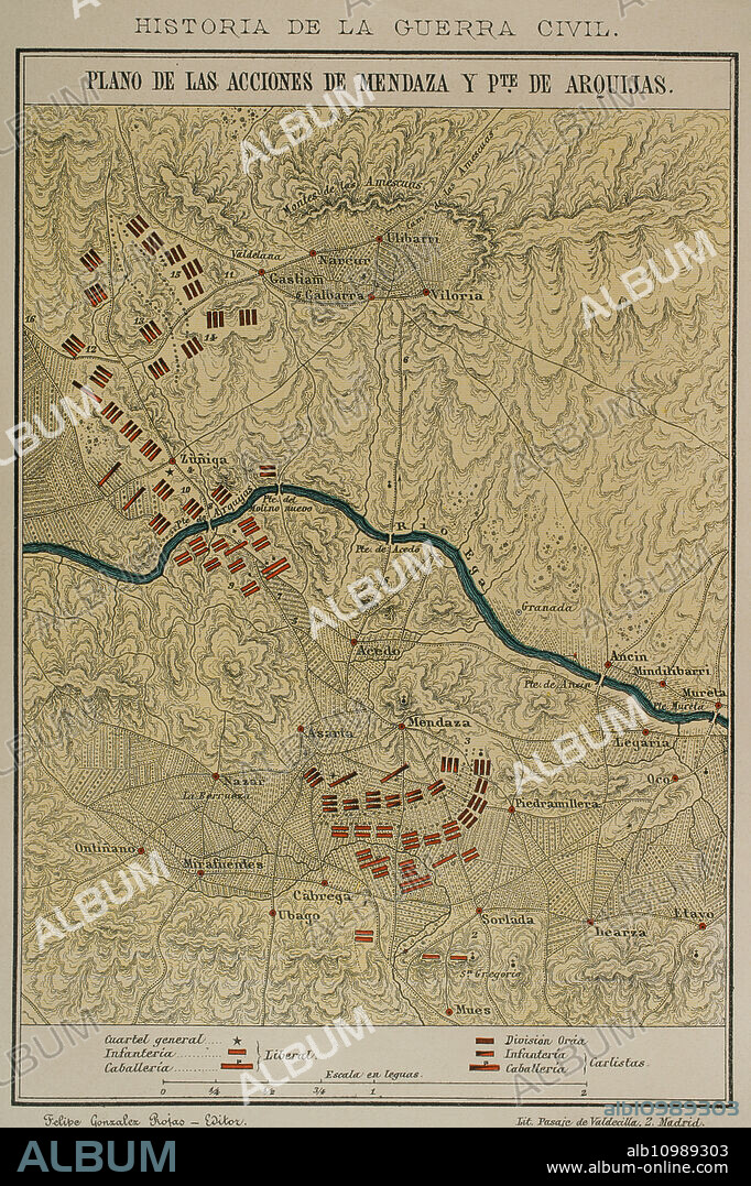 Historia de España. Primera Guerra Carlista (1833-1840). Plano de las acciones de Mendaza y puente de Arquijas. La batalla de Mendaza tuvo lugar el 12 de diciembre de 1834, en los campos de Mendaza (Navarra). El general isabelino Luis Fernández de Córdova derrotó a las tropas carlistas del general Zumalacárregui. Posteriormente, el 15 de diciembre, hubo una nueva confrontación entre ambos bandos en el valle del río Ega, llamada "batalla de Arquijas". Las tropas carlistas de Zumalacárregui realizaron una retirada estratégica ante la imposibilidad de enfrentarse a las tropas isabelinas a campo abierto. "Historia de la guerra civil y de los partidos liberal y carlista", por Antonio Pirala. Tomo I. Madrid, 1889.