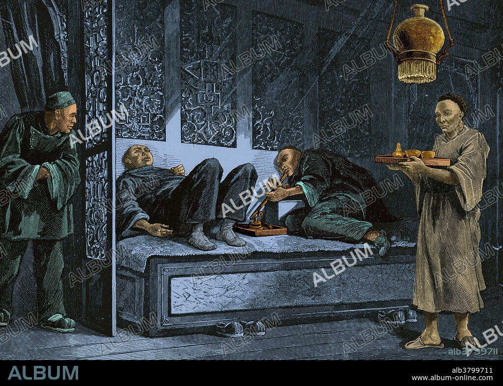 Period illustration of Chinese opium smokers in San Francisco. Opium is a narcotic drug obtained from the seeds of the opium poppy. It contains the chemicals morphine and codeine, as well as other alkaloids. The opium resin from the poppy is processed, and then burned in pipes. The smoker inhales the vapours from the burning resin. Opium is an addictive drug. In the 19th century and the early 20th century, opium smoking was common worldwide, especially in Asia, which was one of the sources of the opium poppy. There were many opium dens where such smoking took place.
