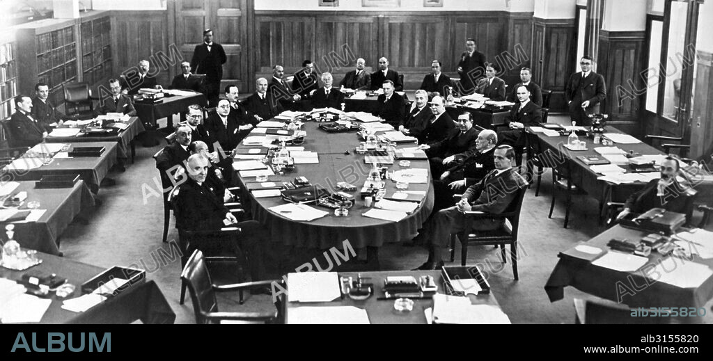 Basel, Switzerland:  1929. The Young Plan Advisory Committee at the opening of its official conference in Switzerland. It replaced the Dawes Plan established in 1924 for reparation payments to be made by Germany for World War I.