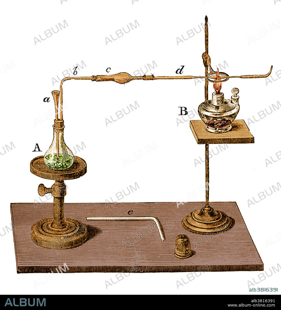 Marsh Test Apparatus, Steel engraving, 1867. The Marsh test is a method for the detection of minute amounts of arsenic in foods (the residue of fruit spray) or in stomach contents. The sample is placed in a flask with arsenic-free zinc and sulfuric acid. Arsine gas (also hydrogen) forms and is led through a drying tube to a hard glass tube in which it is heated. The arsenic is deposited as a mirror just beyond the heated area and on any cold surface held in the burning gas emanating from the jet. Antimony gives a similar test, but the deposit is insoluble in sodium hypochlorite, whereas arsenic will dissolve. The test was named for its inventor, the English chemist James Marsh.