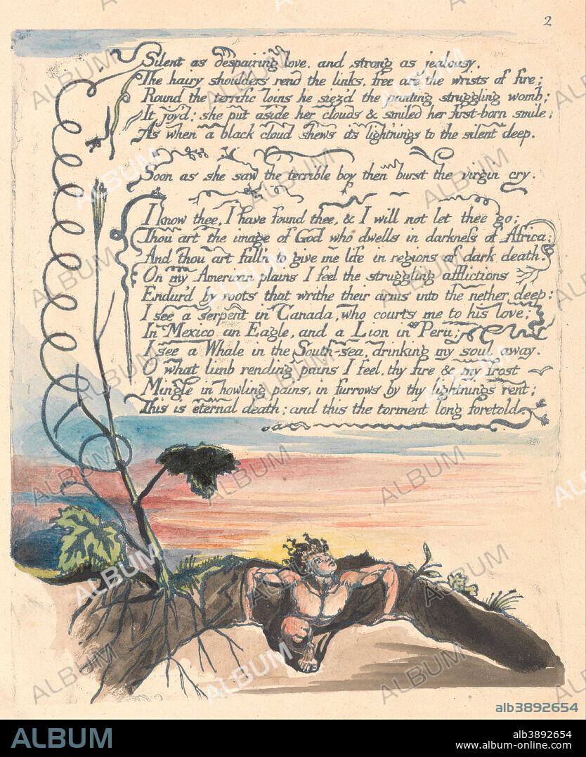 WILLIAM BLAKE. America. A Prophecy, Plate 4, "Silent as despairing love....". Date/Period: 1793. Print. Blue print, pen, black ink and watercolor on cream-colored paper (Relief etching printed in blue with pen and black ink and watercolor on moderately thick, slightly textured, cream wove paper). Height: 216 mm (8.50 in); Width: 171 mm (6.73 in).