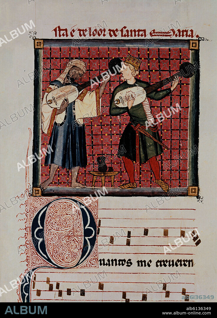 ALFONSO X OF CASTILE THE WISE. Spanish school. The Cantigas de Santa Maria (manuscript with music notations): Moor and Christian playing lute. Canticle n°120. 13th century. Madrid, San Lorenzo de El Escorial library.
