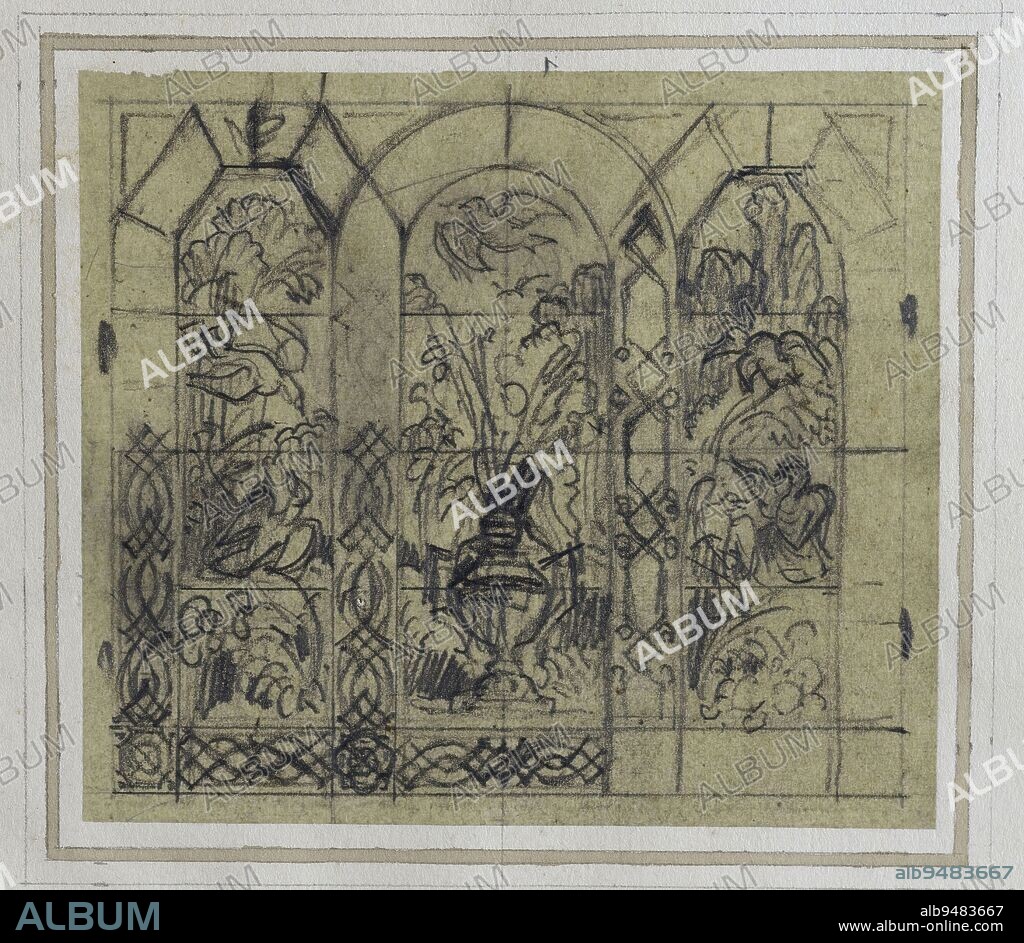Stained glass project: vase and birds, Gsell-Laurent, Glass painter, Between 1847 and 1900, Graphic arts, Drawing, Album, Crayon, Dimensions - Work: Height: 8.6 cm, Width: 9.8 cm.