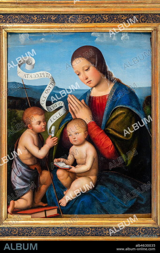 Brescia, Pinacoteca Tosio Martinengo: "The Virgin Mary with Infant Jesus and Infant St. John", by Francesco de Raibolini, known as Francesco Francia, 1500 - 1505. Oil painting.