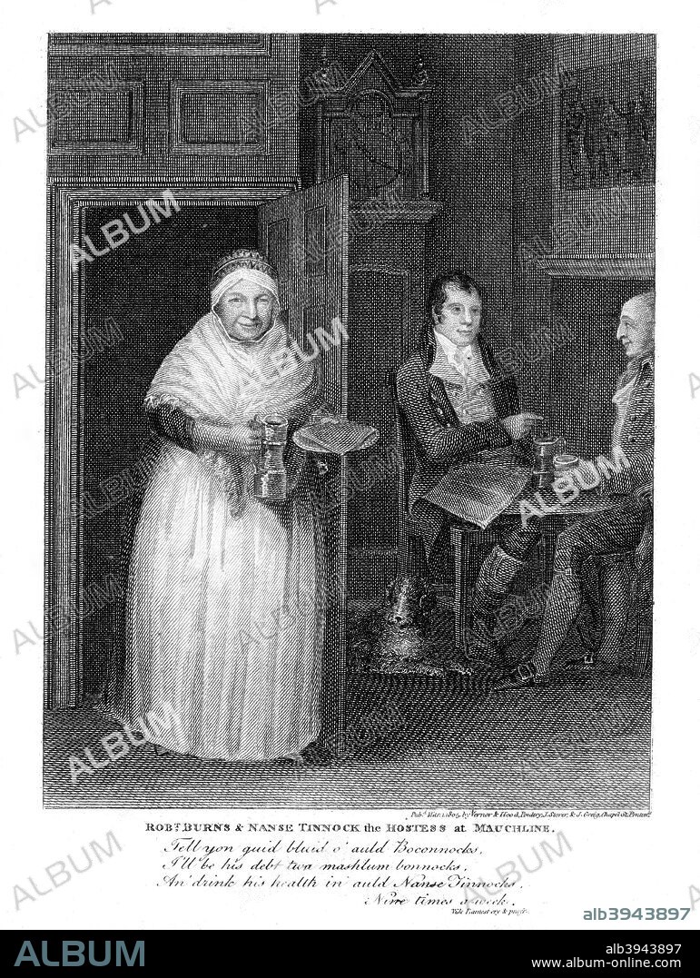 Robert Burns (1759-1796), Scottish poet, 1805. Burns is seen here being served by hostess Nancy Tinnock.