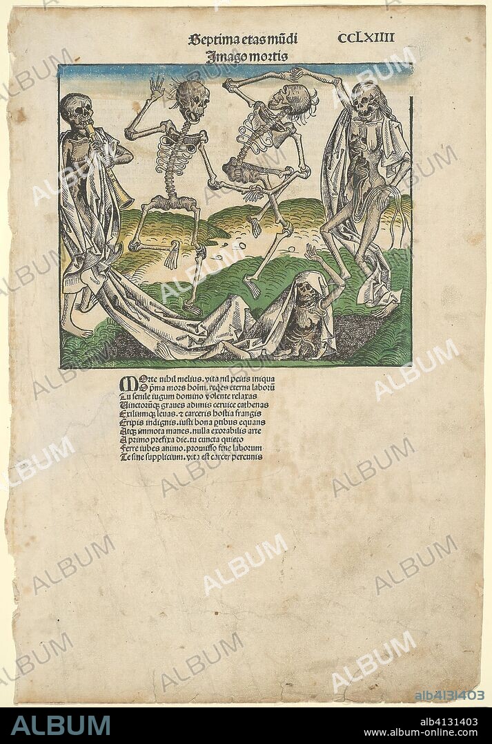 MICHEL WOLGEMUT. Image of Death (Imago Mortis), from the Nuremberg Chronicle. Michael Wolgemut and Workshop; German, 1434-1519. Date: 1488-1498. Dimensions: 194 x 225 mm (block); 445 x 308 mm (sheet). Woodcut in black hand colored with brush, stencil and watercolor on cream laid paper. Origin: Germany.