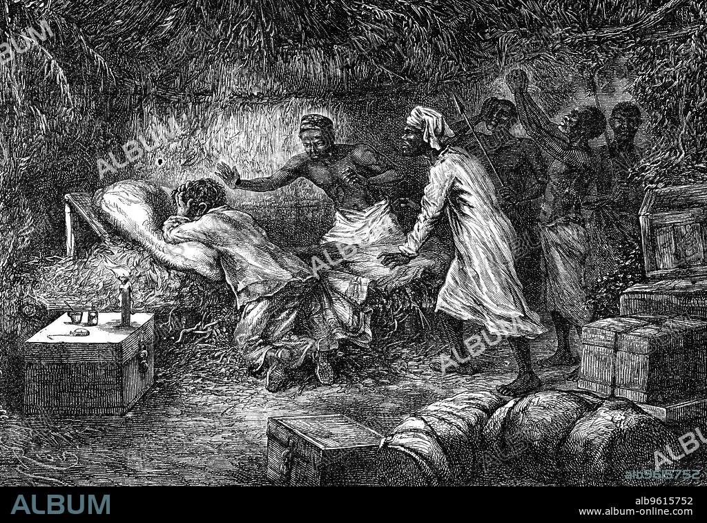 Death of David Livingstone, Scottish missionary and explorer, 1 May 1873 (1877). Livingstone (1813-1873) kneeling in prayer by his bedside, found dead by his native servants. Livingstone was the first European to discover the Victoria Falls on the Zambezi river in central Africa. While searching for the source of the Nile in the late 1860s he became seriously ill and went missing. Although he was found, by Henry Morton Stanley in 1871, Livingstone never fully recovered from his illness and died in Bangwelulu, Zambia.