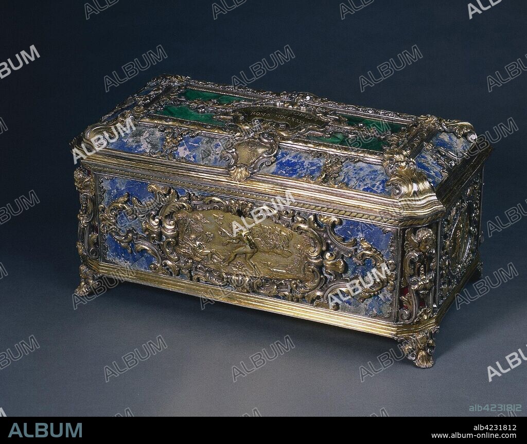 Boncompagni-Ludovisi-Ottoboni Casket, 1731. Italy, Rome, 18th century. Silver, partially gilt, malachite, lapis lazuli, enamel; overall: 19.1 x 40.7 x 22.9 cm (7 1/2 x 16 x 9 in.).