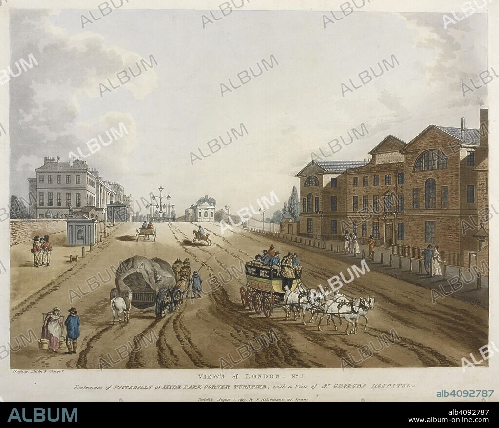 ROWLANDSON, SCHUTZ and DAGATY. Views of London. No.1. Entrance of Piccadilly or Hyde Park Corner Turnpike, with a view of St. Georges Hospital.  View on a London street, with carriages and carts on the street, a turnpike gate in the distance, buildings on the right and in the distance on the left; in foreground is depicted Collier's Southampton Coach on eight wheels, pulled by four white horses. . Views of London. Publish'd by R Ackermann 101 Strand August 1 1797. 1 print : hand coloured etching and aquatint ; 360 x 455 mm. Source: Maps.K.Top.22.6.a.