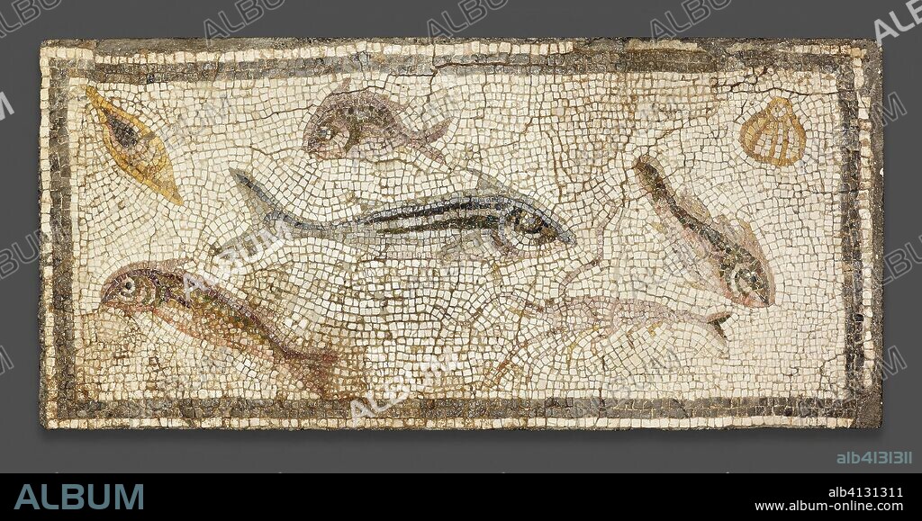 ANCIENT ROMAN. Mosaic Floor Panel Depicting Marine Life. Roman; Daphne, Turkey, the House of the Man of Letters, room 2. Date: 200 AD-230 AD. Dimensions: 39.4 × 85.7 × 6.4 cm (15 1/2 × 33 3/4 × 2 1/2 in.). Stone and mortar. Origin: Antioch.