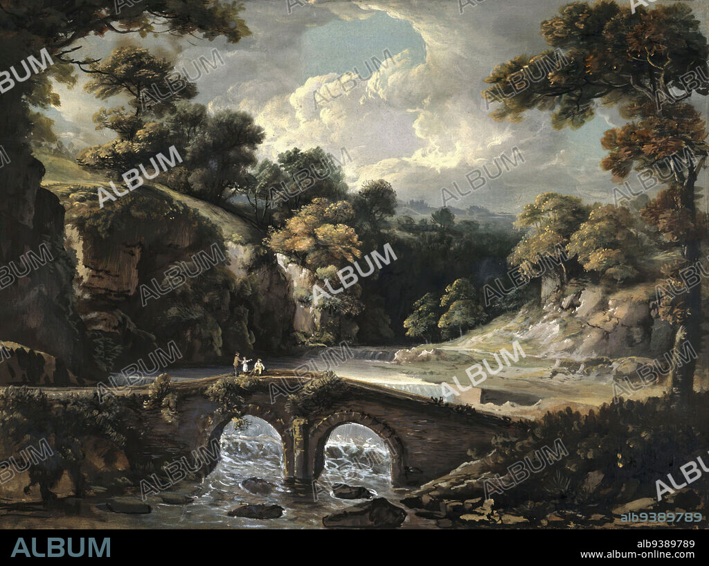 Stone Bridge over the Wissahickon, George Willie Beck, American, born England, 1748-1812, Opaque watercolor on paper mounted to canvas attached to Masonite and a wooden strainer, ca. 1800, 16 1/2 x 22 in., 41.9 x 55.9 cm, bridge, ca. 1800, canyon, clouds, coming storm, english artisit, idyllic, landscape, painting, pastoral, river, sky, stone bridge, trees, utopia, water, watercolor, x-ray, xray.