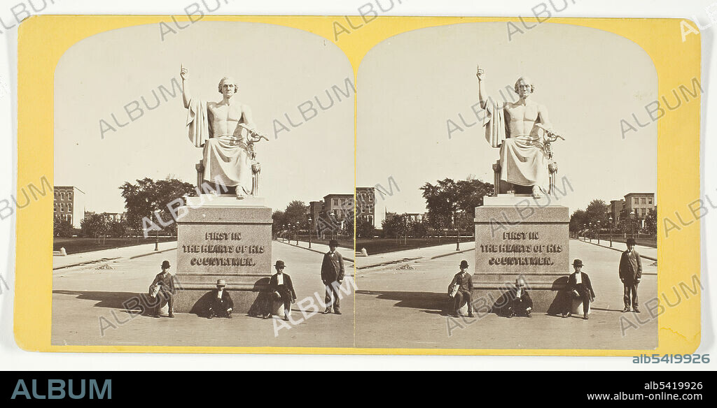 Statute of Gen. Washington, 1875/99. [Boys posing in front of 'Enthroned Washington', marble sculpture of a bare-chested US President George Washington, with the inscription 'First in the Hearts of His Countrymen'. It was designed by Horatio Greenough, and based on Phidias' statue of Zeus Olympios, one of the Seven Wonders of the Ancient World. The sculpture was commissioned by the United States Congress to celebrate the centennial of Washington's birth on 22 February 1732]. Albumen print, stereocard.