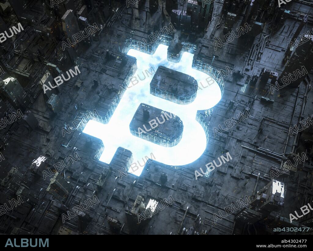Blue sky bitcoin symbol shining in bleak industrial technology landscape.