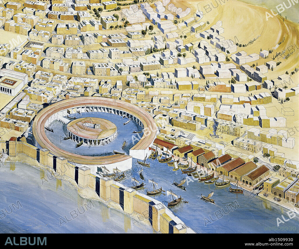 Punic civilization. Reconstruction of Byrsa Hill, with the Punic city and Hannibal's circular harbour, late 4th-2nd century b.C. Fresco by architect J. M. Gassend. Detail: harbour and surrounding houses.